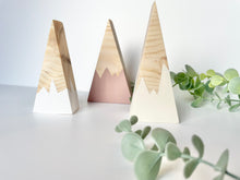 Load image into Gallery viewer, Set of 3 Wooden Mountains | Nursery Decor | Boho | Nordic | Shelf Decor | Baby Gift | Cute Nursery Decor | Scandi Nursery Decor
