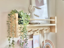 Load image into Gallery viewer, Peg Rail with Bookshelf - Key Hook / Hallway Shelf / Wood Shelf / Peg Hooks / Nursery Shelf / Book Shelf
