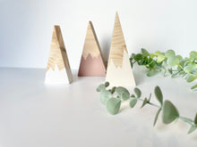 Load image into Gallery viewer, Set of 3 Wooden Mountains | Nursery Decor | Boho | Nordic | Shelf Decor | Baby Gift | Cute Nursery Decor | Scandi Nursery Decor
