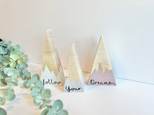 Load image into Gallery viewer, Set of 3 Wooden Mountains | Nursery Decor | Boho | Nordic | Shelf Decor | Baby Gift | Cute Nursery Decor | Scandi Nursery Decor
